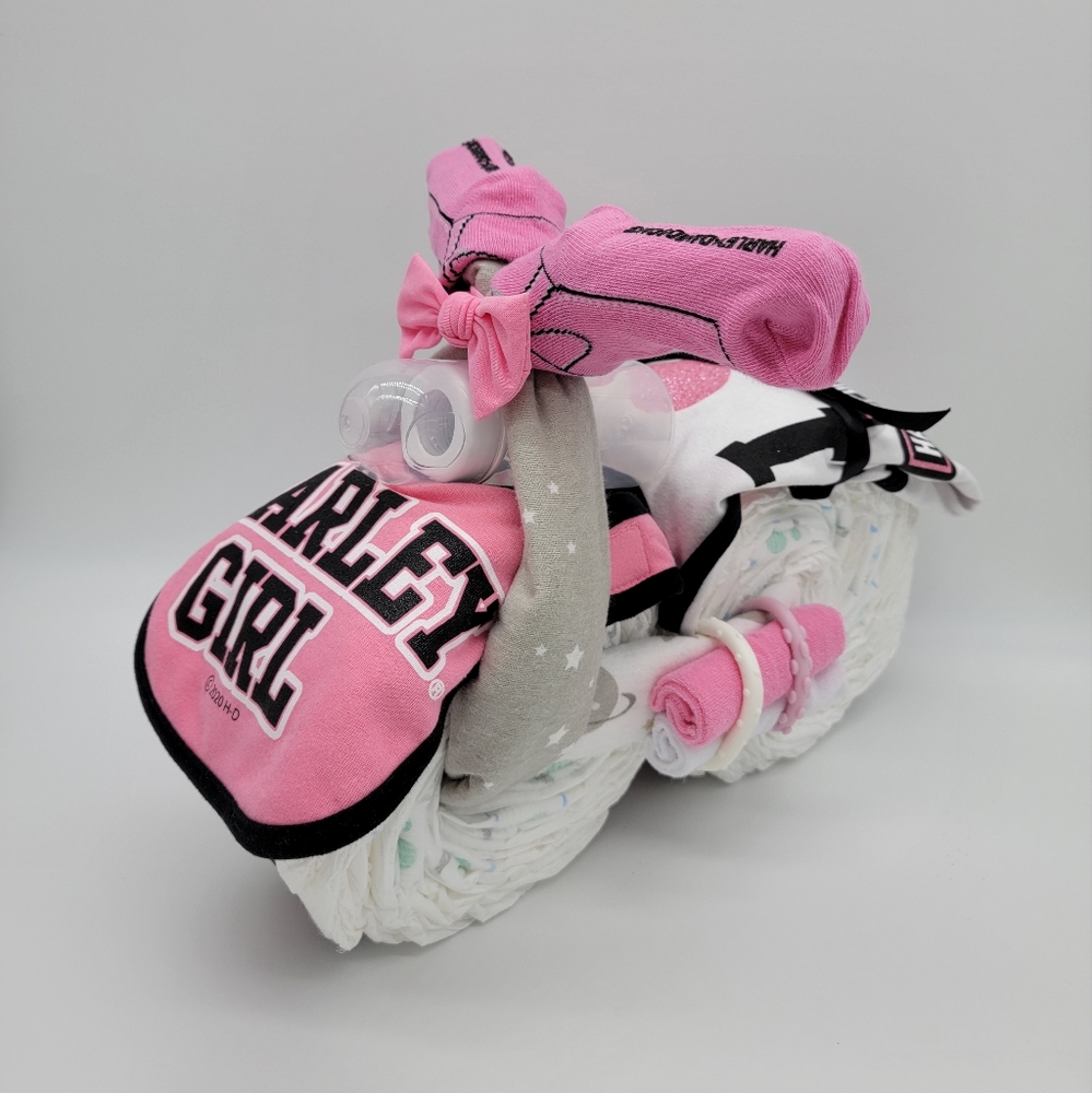 Pink Harley Davidson motorcycle diaper cake